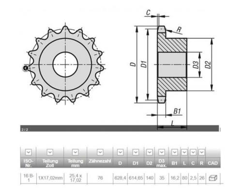 Kettenrad 1″ x 17,02 mm 16B-1 von unbekannt – 1 Zoll 76 Zähne - Bild 4